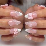 NA003 - French White Bow Camellia Glam Nails