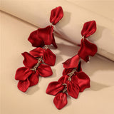 E1640 - Red Rose Petal Long Tassel Earrings